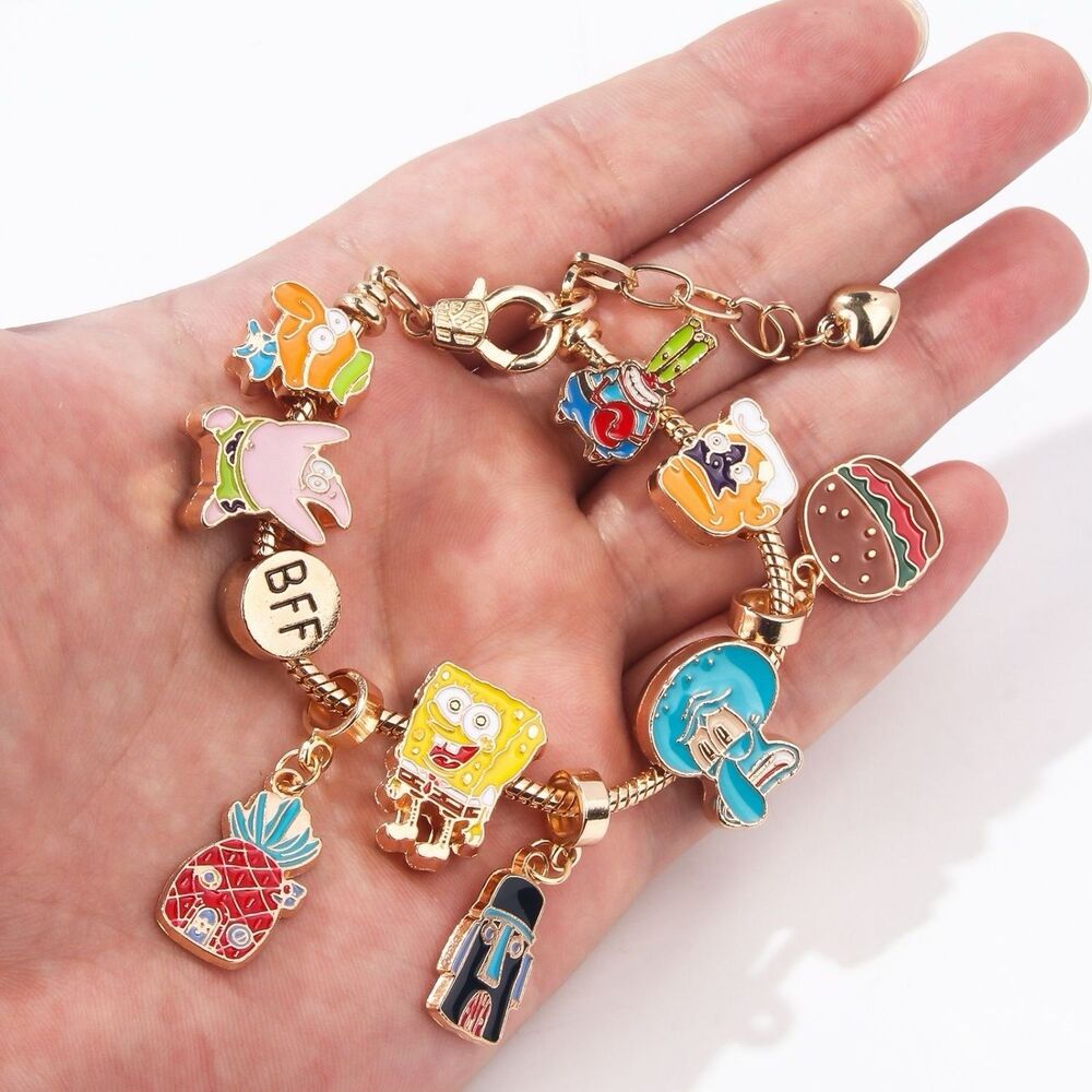 SpongeBob SquarePants Cartoon Charm Bracelet Gold Tone BFF Jewelry